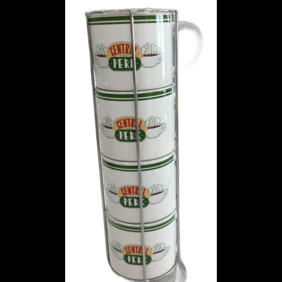 Friends TV Series Central Perk 4 Graphic Ceramic Coffee Mugs with Holder - Picture 1 of 10